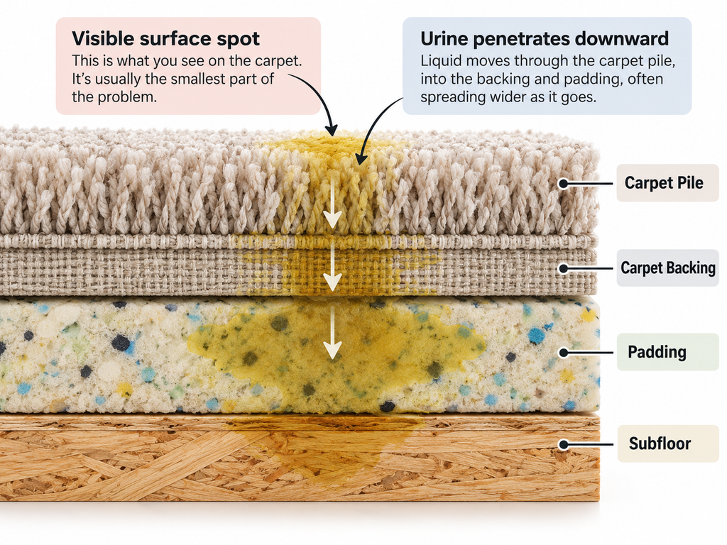 Diagram showing possible dog urine penetration through carpet, padding, and subfloor