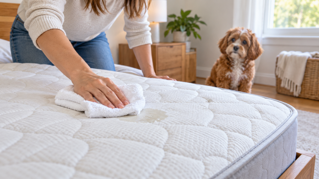Person blotting a wet spot on an uncovered mattress with a white towel while a dog stands nearby.