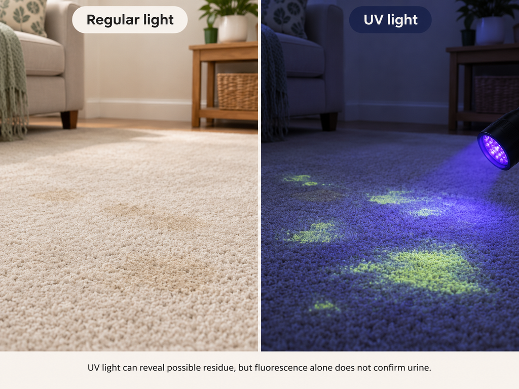 Comparison of carpet under normal lighting and UV light showing fluorescent spots