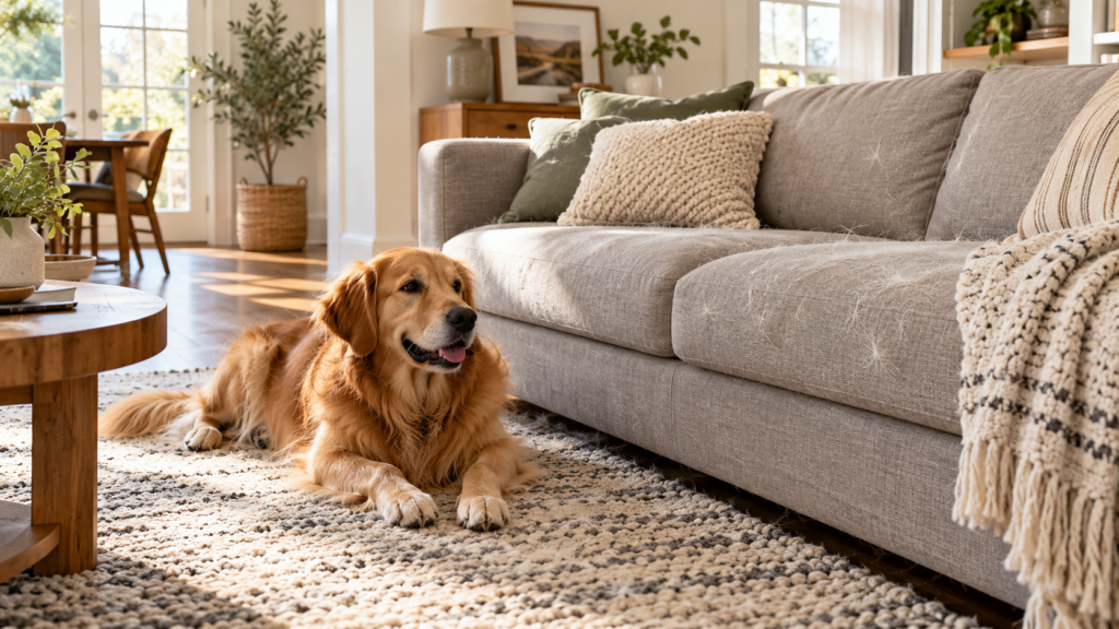 Golden retriever resting on a living room rug beside a grey fabric sofa with visible pet hair on the cushions.